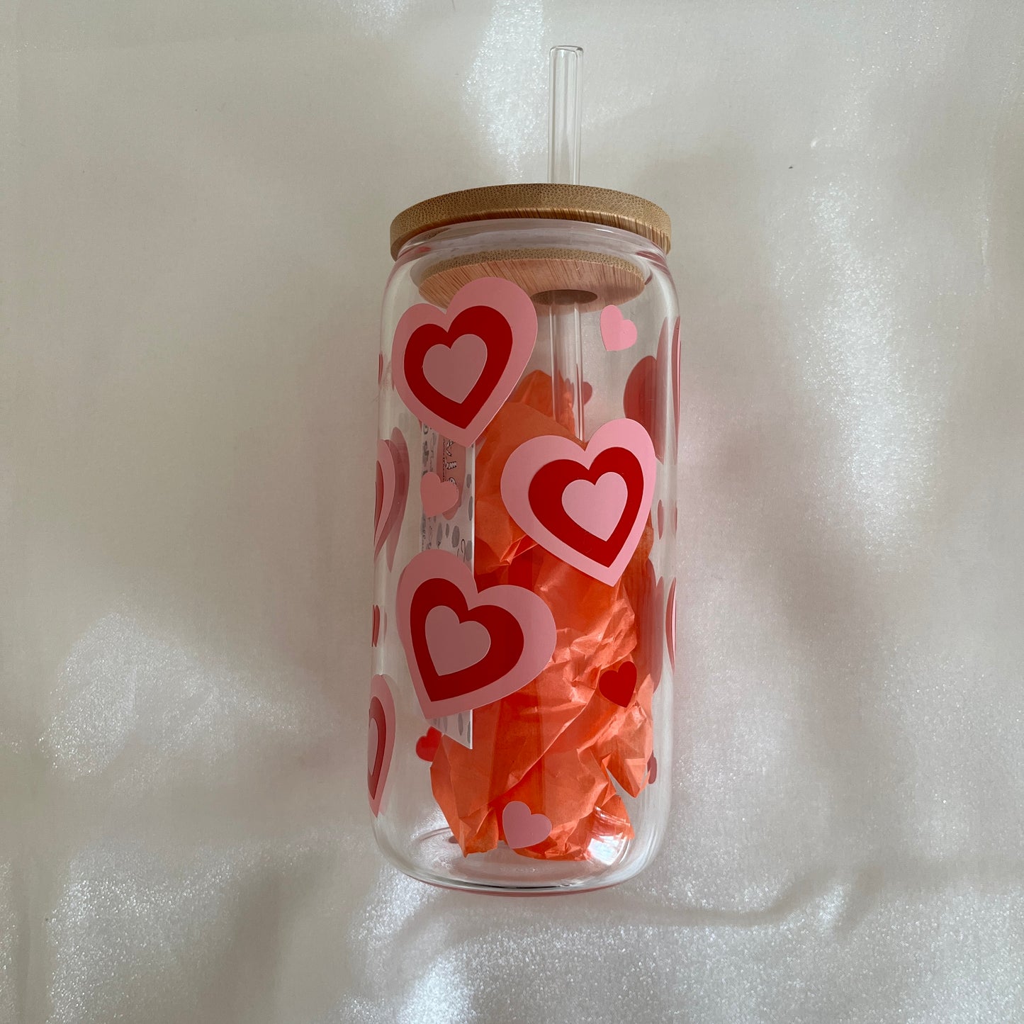 Retro Hearts Libbey Glass With Lid & Straw
