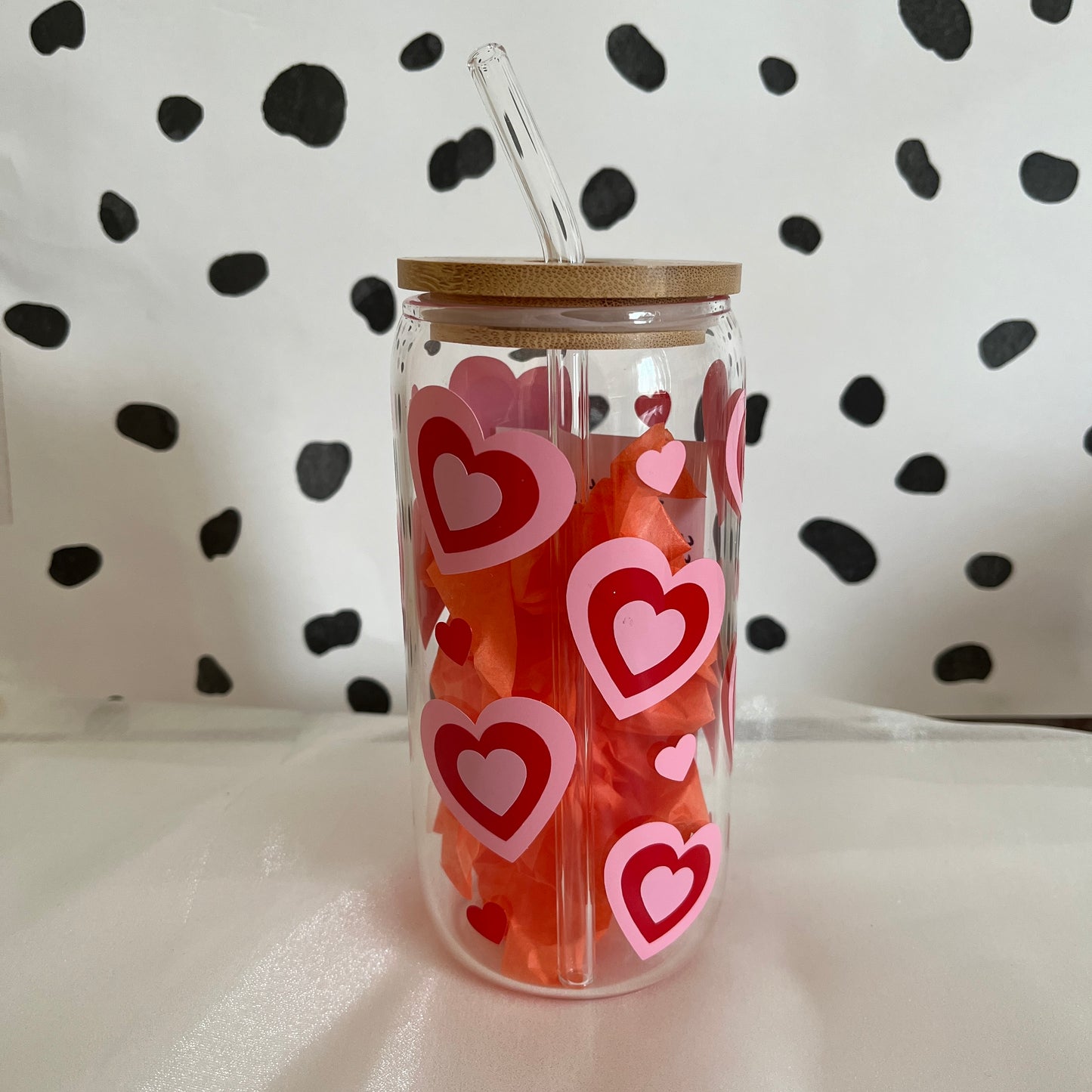 Retro Hearts Libbey Glass With Lid & Straw