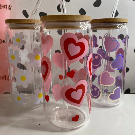 Retro Hearts Libbey Glass With Lid & Straw