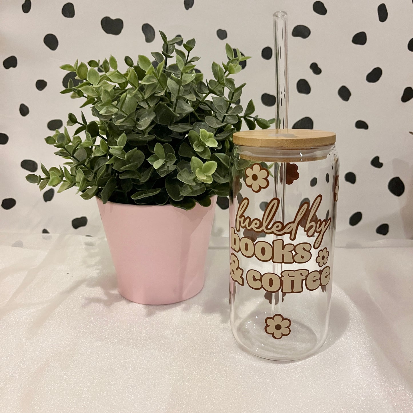 Fueled By Books & Coffee Libbey Glass With Lid & Straw