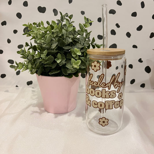 Fueled By Books & Coffee Libbey Glass With Lid & Straw