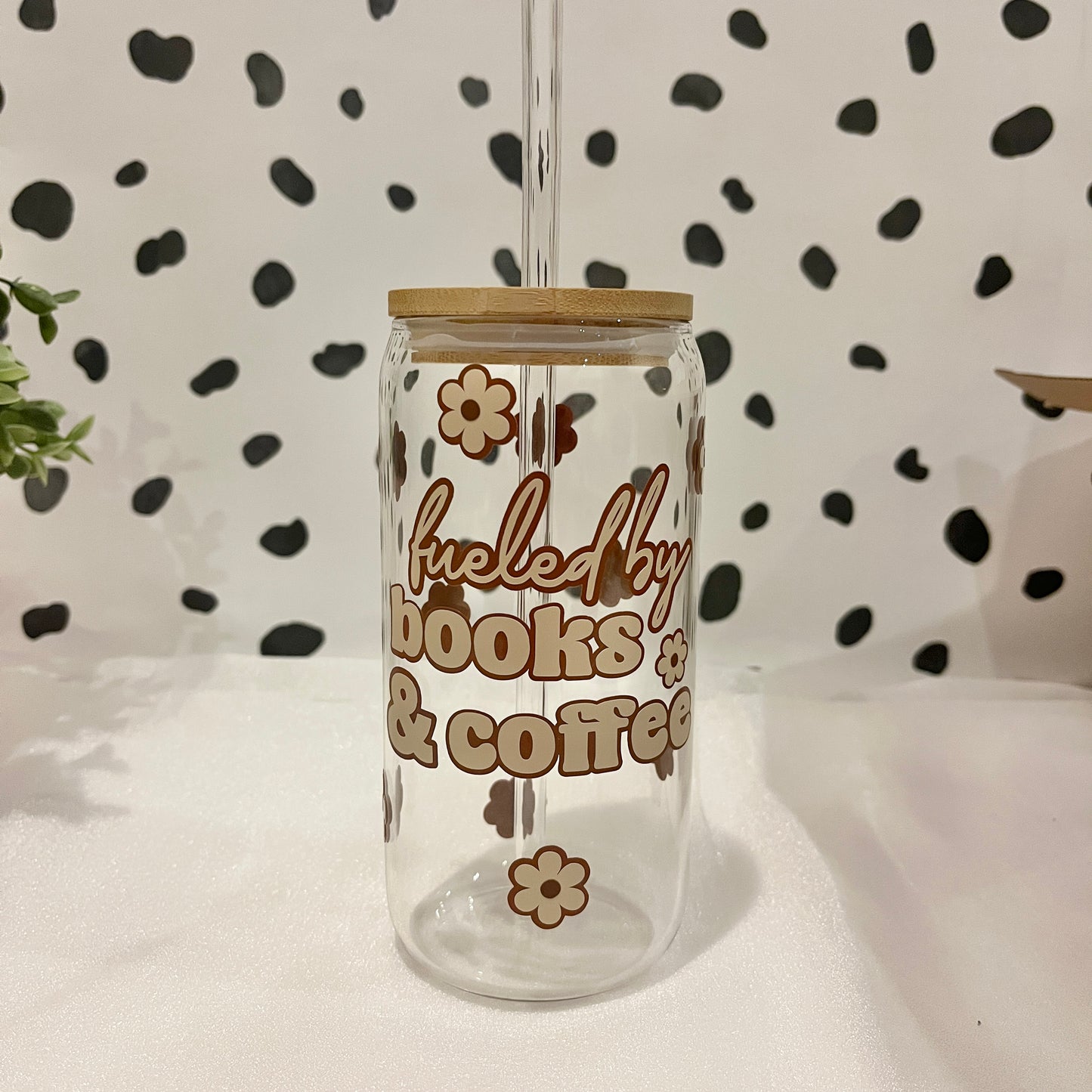 Fueled By Books & Coffee Libbey Glass With Lid & Straw