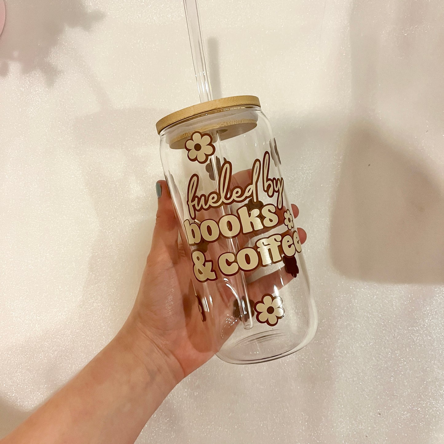 Fueled By Books & Coffee Libbey Glass With Lid & Straw