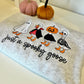 Gray sweatshirt with Halloween-themed graphic of geese and text 'Just a spooky goose'.